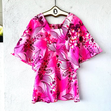 Vintage 60s 70s Hawaiian Angel Wing Dress Hawaii 1960s 1970s Short Hippie Boho Pink Floral Tunic 