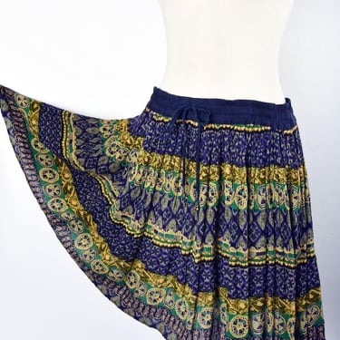 Hippie Skirt Rayon India, Short Full Skirt, Vintage 1980's by VINI, Blue Print, Bells Drawstring Tie Waist 