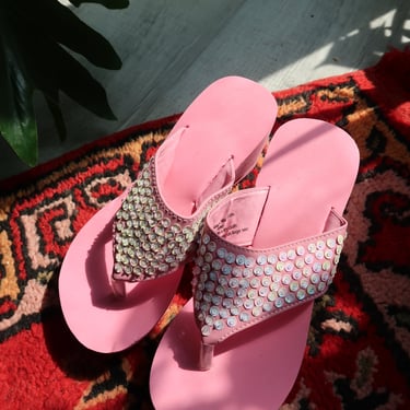 Deadstock Vintage Y2k Pink Sequin Platform Flip Flops - 2000s Beaded Sandals