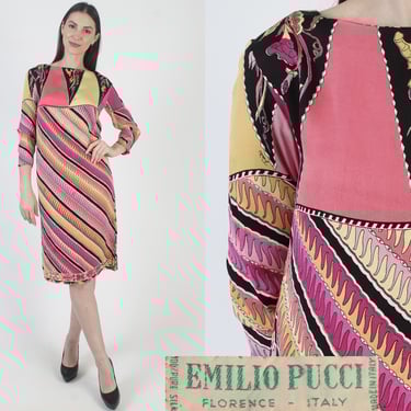 Emilio Pucci Dress, Vintage Signature Print, Silk Cocktail Party Dress, 60s Designer Brand 