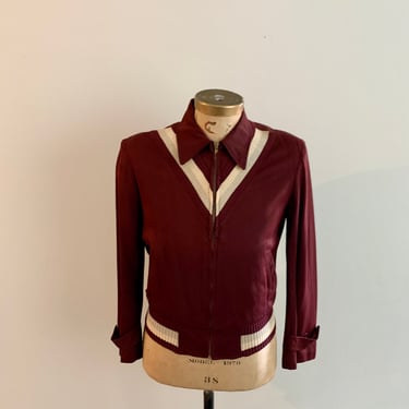 Irvin Foster vintage 1950s maroon rayon gaberdine jacket with chevron knit insert-size S 