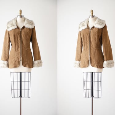 faux fur velvet jacket | 70s vintage Irving Posluns Penny Lane Almost Famous style light brown boho hippie vegan suede coat 