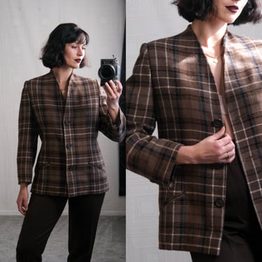 Vintage 80s KRIZIA Brown Tartan Plaid Collarless Three Button Tweed Blazer | Made in Italy | 100% Wool | 1980s Italian Designer Womens Coat 