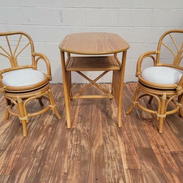 Mid Century BoHo Paul Frankl Style Bamboo + Rattan Oval Table and 2 Chairs - 3 Piece Bistro Set