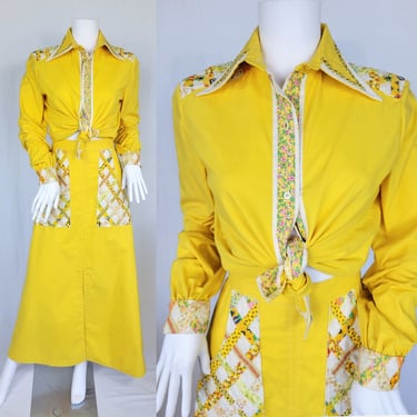 1970's Yellow Cotton 2 Pc Patchwork Maxi Skirt Button Down Blouse Set I Sz Med 