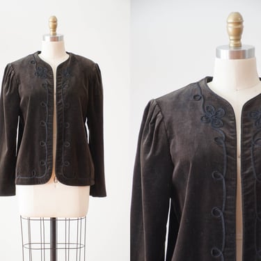 brown velvet jacket | 80s vintage dark academia chocolate brown velvet soutache embroidery blazer 