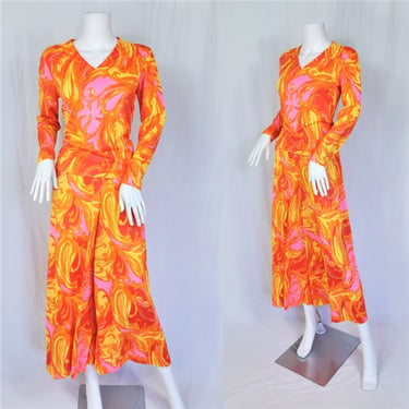 Majestic 1960's Orange Psychedelic Floral Print 2 Pc Nylon Wide Leg Pants Shirt Loungewear I Sz Sm 