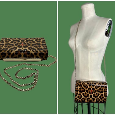 CHRISTIAN LOUBOUTIN CLUTCH Purse | French Luxury Designer Bag | Patent Leather Leopard Print | Small Vanity Handbag | Chain Crossbody 