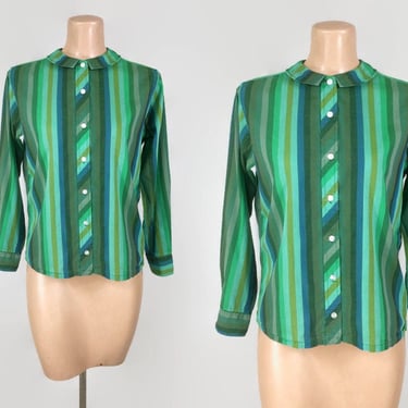 VINTAGE 60s MOD Green & Blue Striped Cotton Blouse | 1960s Sexy Secretary Top | Pointed Flat Collar | Vintage Separates | Marianne Shops vfg 