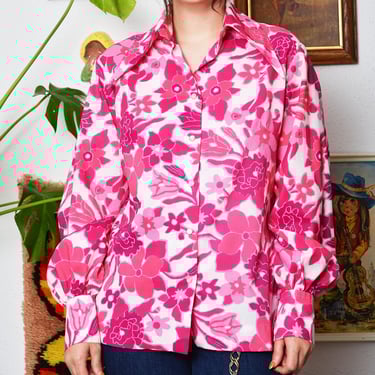 Vintage 70s Pink & White Hawaiian Print Blouse – Gathered Sleeves – Bust 38