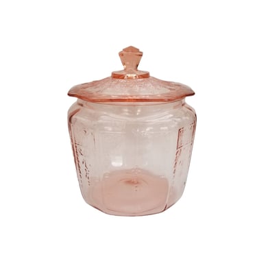 Vintage Pink Depression Glass Cookie Jar / Anchor Hocking Princess Pink Biscuit Jar Reproduction / Pink Pressed Glass Lidded Candy Jar 
