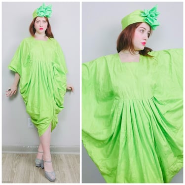 1990s Vintage Koco Collection Lime Green Caftan / 90s / Ruched Gathered Floral Cotton Kaftan Dress With Matching Hat / One Size 