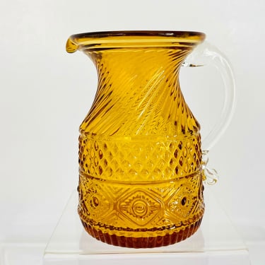 Vintage 1960s Amber Gold Art Glass Mini Pitcher Clear Handle Ewer Vase Creamer Decor 