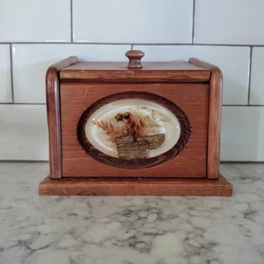 Vintage Wooden Recipe Box Kitchen Storage with Floral Resin Detail on Front 