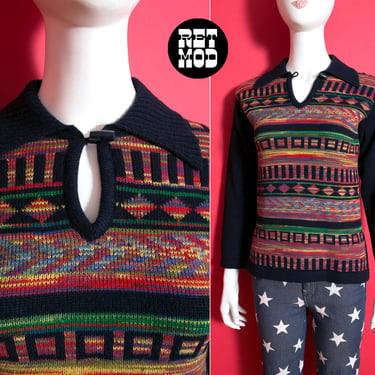 Nice Vintage 70s 80s Dark Navy Blue with Rainbow Space Dye Geometric Patterned Collared Sweater 