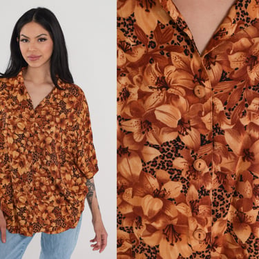 Floral Leopard Top 80s Button Up Blouse Tropical Flower Animal Print Hawaiian Shirt Short Sleeve Bohemian Brown Rayon Vintage 1980s Large L 
