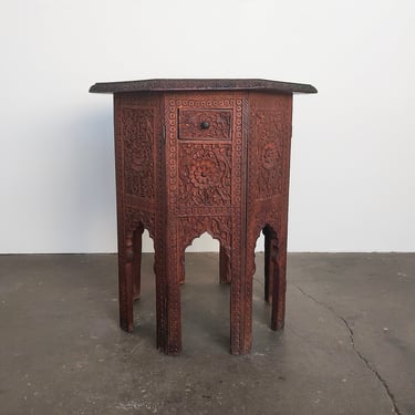 Mid 20th Century Moroccan Teak Octagon Carved Side Accent Table 