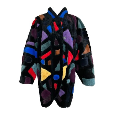 Krizia Geometric Geometric Patchwork Fur Reversible Coat