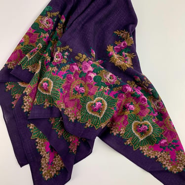 Vintage Scarf - Pink with Green Floral on a Purple Background - Light Weight Wool  - 40 Inches x 40 Inches - Made in Japan 