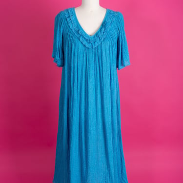 Vintage 1980s Carriage Court Grecian Lightweight Turquoise Cotton Gauze Dress (M/L) 