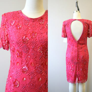 1990s Pink Lace and Sequins Cocktail Dress 