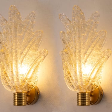 Set of 2 Wall sconce with gold decorated Murano glass leaf, Made in Italy elegant handmade wall lamp with brass frame 