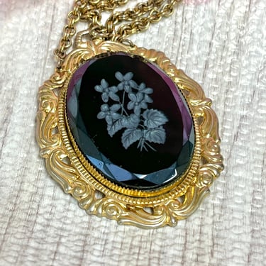 Black Boldly Beautiful Carved Glass  Pendant Necklace, Intaglio Cameo, Beveled, Filigree Setting, Double Chain, Vintage Jewelry 