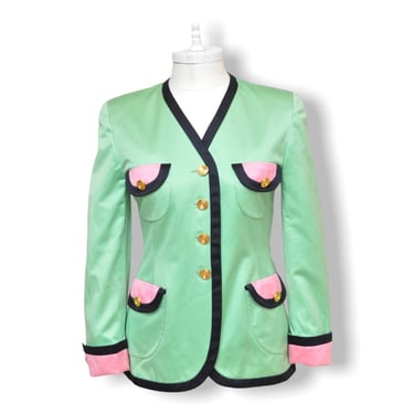 Escada Green and Pink Blazer with French Cuffs Size 8 EU 42 Preppy Jacket 