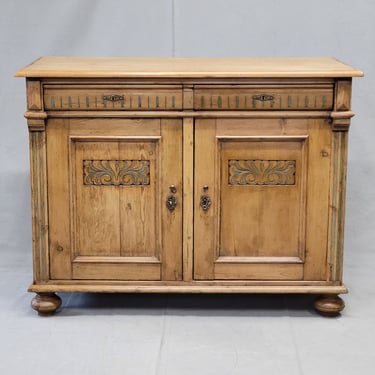 Antique Early 1900s German Pine Sideboard Buffet With Painted Carving