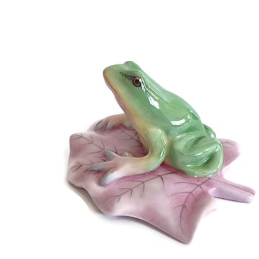 Herend porcelain figurine Green frog on a pink lilypad Hand painted in Hungary Collectible giftware 