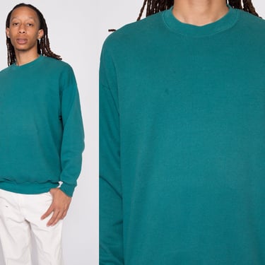 90s Teal Green Crewneck Sweatshirt Men's Large | Vintage Jerzees Russell Blank Slouchy Plain Pullover 