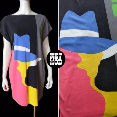Rad Vintage 80s Person in Hat Abstract Geometric T-Shirt Dress 
