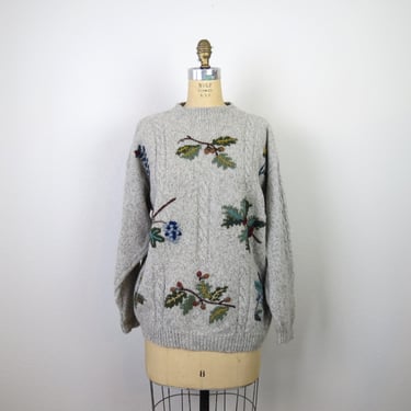 Vintage 1990s wool embroidered oversized sweater crew neck cable knit 