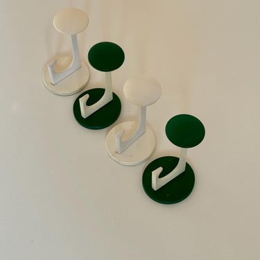 SET of 4 White & Green Wooden Wardrobe Coat Hooks / Vintage Wall Double Hooks / MCM Coat Hanger / Coat Rack / Hat Hook / Wall Decor / 1970s 