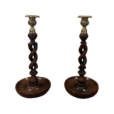 Pair of Turned Oak Candlesticks with Brass Accents