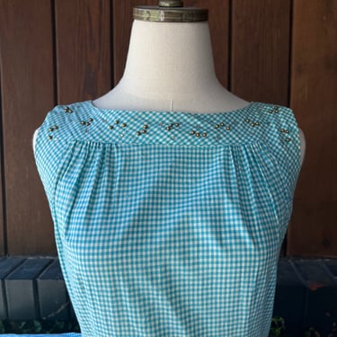 1950s Blue Gingham Rhinestone Collar Dress Full Skirt Pinup Rockabilly 