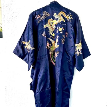 Vintage Silk Embroidered Dragon Robe Chinese Blue Gold Long Kimono Asian Duster New 