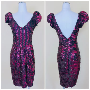 1980s Vintage Hot Pink and Black Sequin Mini Dress / 80s Metallic Sequined Swirl Disco Rocker Party Dress / Size Small - Medium 