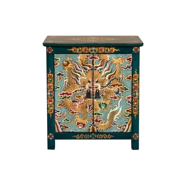 Tibetan Oriental Teal Blue Aqua Dragon Head Graphic End Table Nightstand ws4829E 