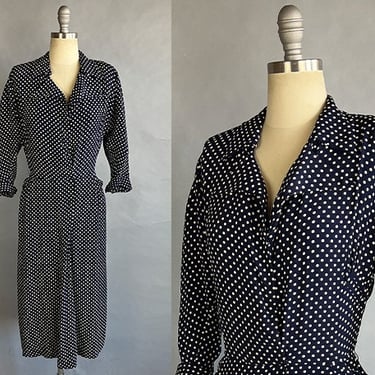 1950s Polka Dot Dress / Navy & White Polka Dot Dress / Size Small 