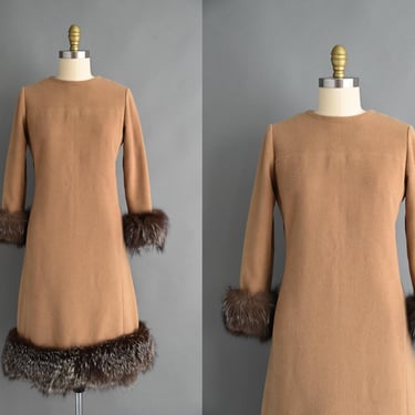 vintage 1960s Dress | Cozy Fur Cuff Soft Wool Winter Dress | Small Medium 