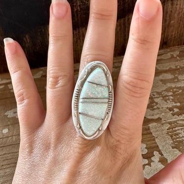 OPAL ROYALTY Sterling Silver and Iridescent Opal Ring | Lab Created Gem Stone | Native American Navajo Southwestern Jewelry | Size 8 