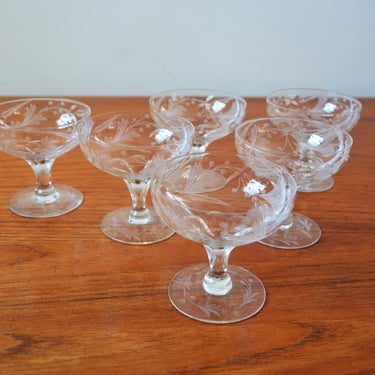 Set of 6 Antique Coupe Cocktail Glasses with Etched Glass Patterns, Floral, Vintage Original 