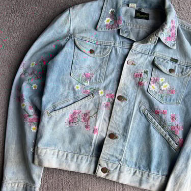 M L, 1970s Wrangler Flower Art Denim Jacket, Western, Hippie 