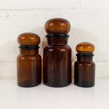 Vintage Brown Glass Apothecary Jar Set of 3 Jars Pair Made in Belgium Stasher Covered Candy Dish Bubble Lidded Box Vanity Storage 1960s 