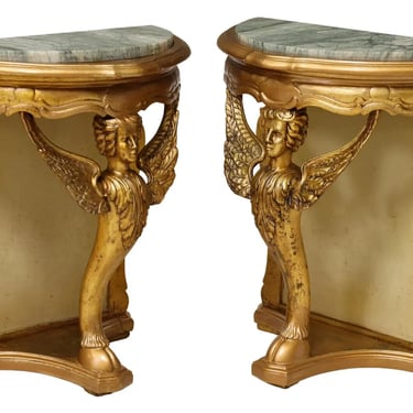 Tables, Console, Demilune, Italian Gilt Painted, Marble Top Pair, Vintage!!