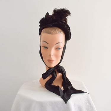 Edwardian Black Velvet and Feather Hat with Ties 