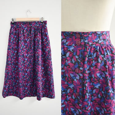 1980s Purple Printed Cotton Midi Skirt 