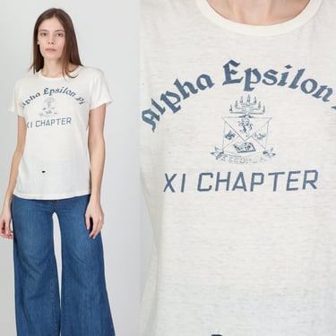 1960s Alpha Epsilon Pi Fraternity T Shirt - Men's Small, Women's Medium | Vintage 60s Distressed White Graphic Collegiate Tee 