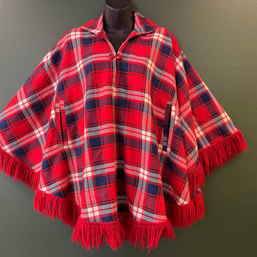 autumn plaid poncho vintage red and navy fringed cape tartan cloak 